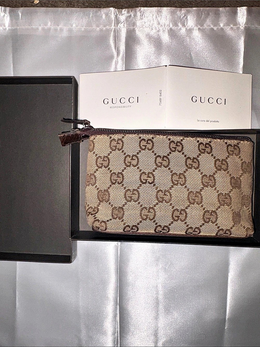 NWOT FULL INCLUSION Gucci GG Canvas Cosmetic Pouch in Brown & Beige